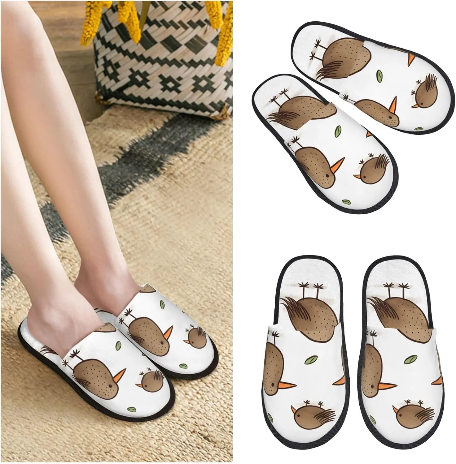 Kiwi Birds Cute Women's Fuzzy Slippers Slip-on Slipper Soft Comfy Bedroom Slippers Non-slip House Shoes