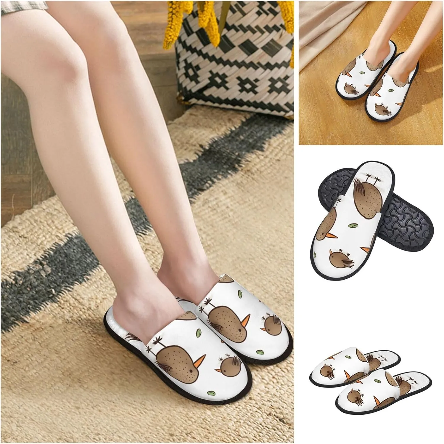 Kiwi Birds Cute Women's Fuzzy Slippers Slip-on Slipper Soft Comfy Bedroom Slippers Non-slip House Shoes