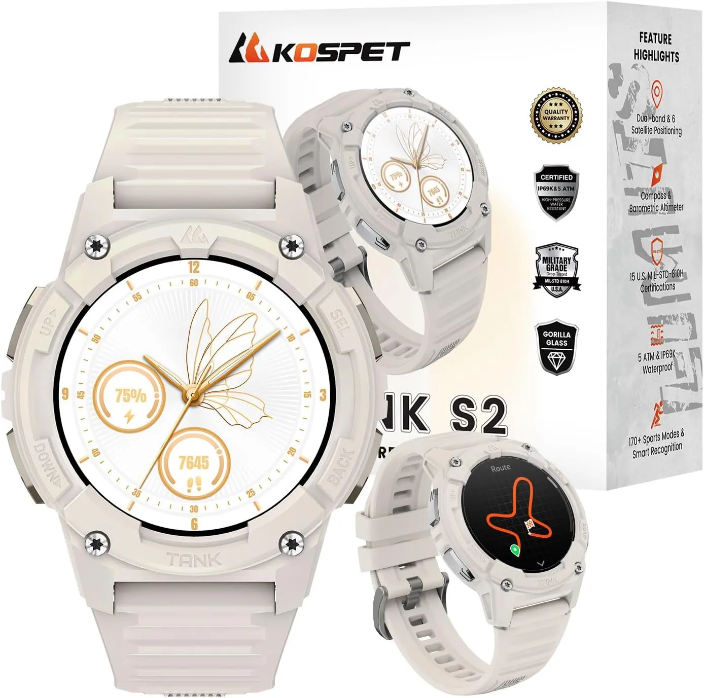 KOSPET Tank S2 Smart Watch for Women GPS, Pressure/Altitude/Compass, 5ATM Waterproof, 1.32" AMOLED Display Fitness Tracker(Answer/Make Call), AI Voice Assistant, 24H Sleep/Hear Rate Monitor