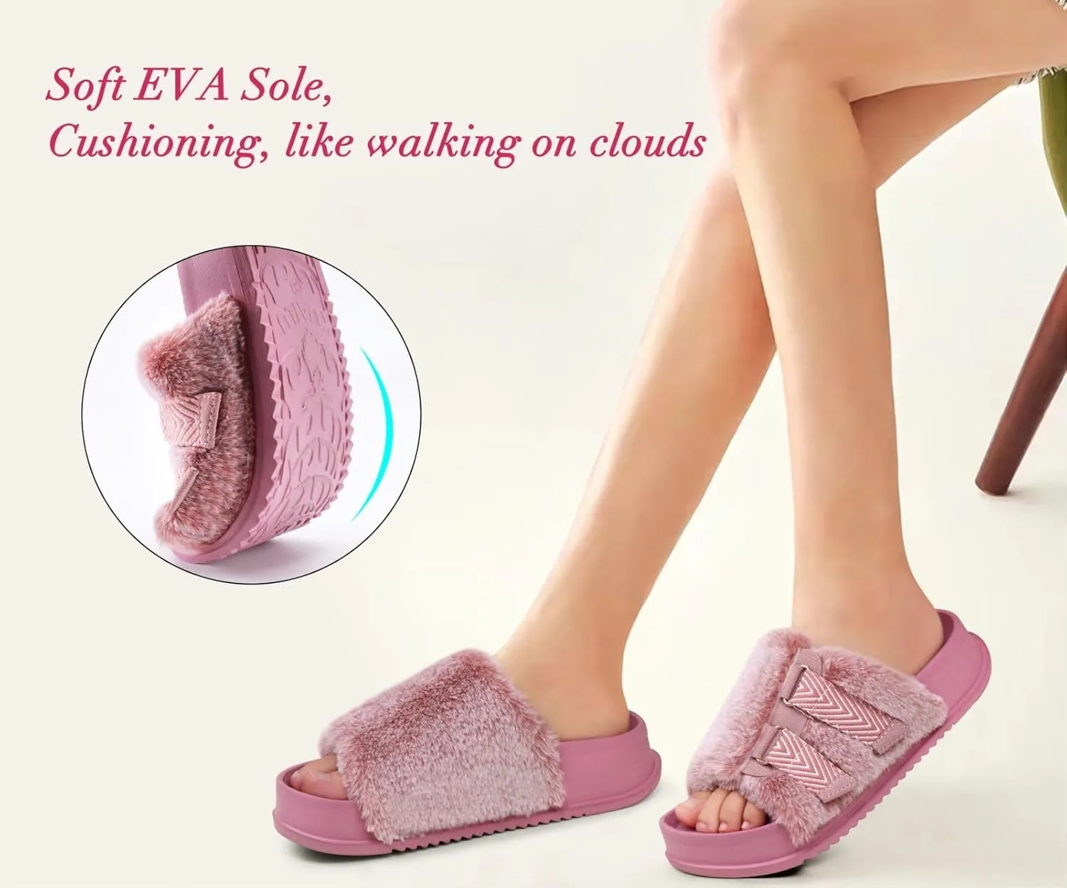 KuaiLu Women's Orthotic Slippers With Arch Support Soft Cushion Sandal Slippers for Woman Ladies Fashion Open Toe Faux Fur Platform Slipper Indoor Outdoor Size 6~12