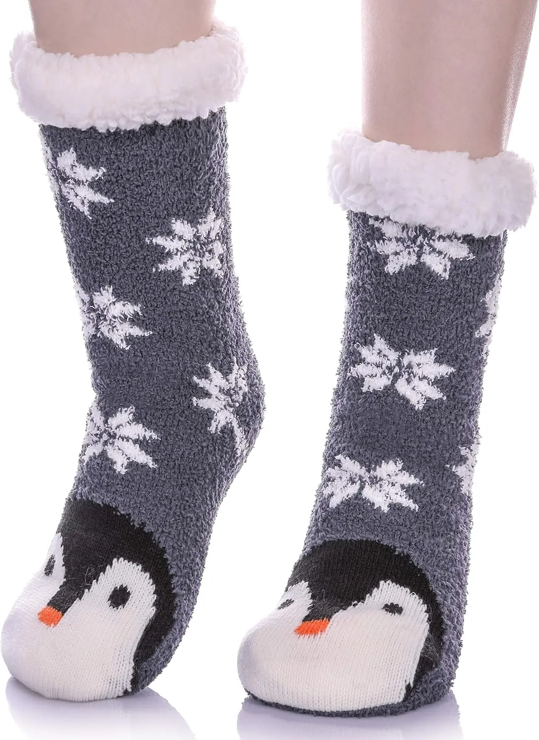 LANLEO Fuzzy Slipper Socks For Women with Grippers Winter Warm Thick Plush Fleece Lining Non Slip Animal Home Socks