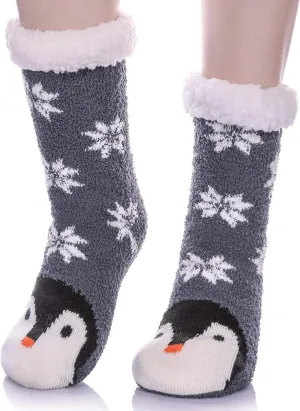 LANLEO Fuzzy Slipper Socks For Women with Grippers Winter Warm Thick Plush Fleece Lining Non Slip Animal Home Socks