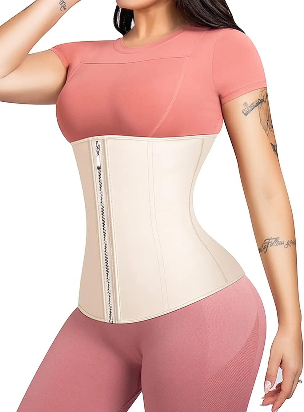 Latex Waist Trainer Corset Underbust Sport Cincher Womens Workout Body Shaper, Beige, 4XL
