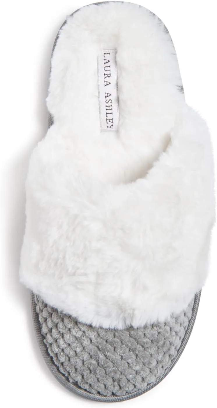 Laura Ashley Womens Plush Memory Foam Wide Collar Fleece Spa Scuff Slippers, Fuzzy Warm Faux Fur Slip On House Shoes Slipper