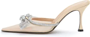 LauraVicci Women High Heeled Mules Rhinestone Embellished Crystal Double Bow Satin Sandals Pointy Toe Stiletto Shoes Summer Bridal Shoes