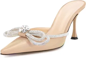 LauraVicci Women High Heeled Mules Rhinestone Embellished Crystal Double Bow Satin Sandals Pointy Toe Stiletto Shoes Summer Bridal Shoes
