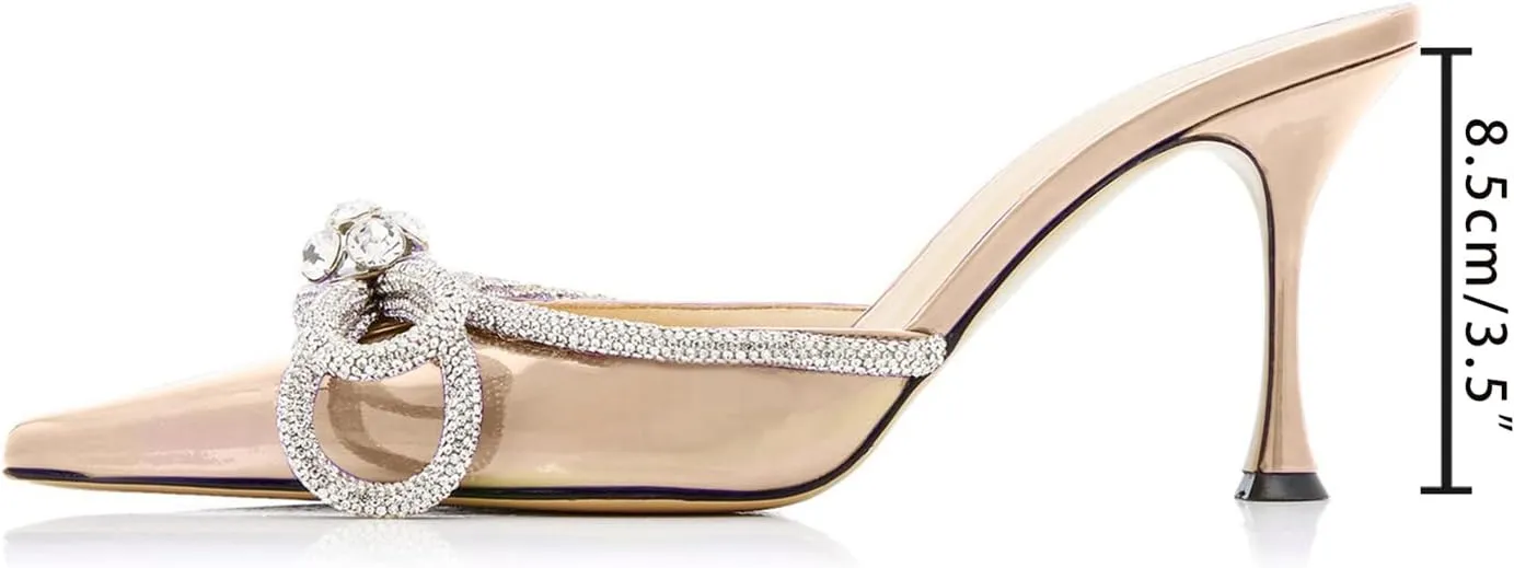LauraVicci Women High Heeled Mules Rhinestone Embellished Crystal Double Bow Satin Sandals Pointy Toe Stiletto Shoes Summer Bridal Shoes