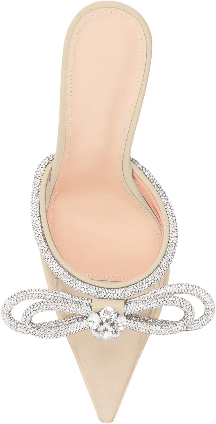 LauraVicci Women High Heeled Mules Rhinestone Embellished Crystal Double Bow Satin Sandals Pointy Toe Stiletto Shoes Summer Bridal Shoes