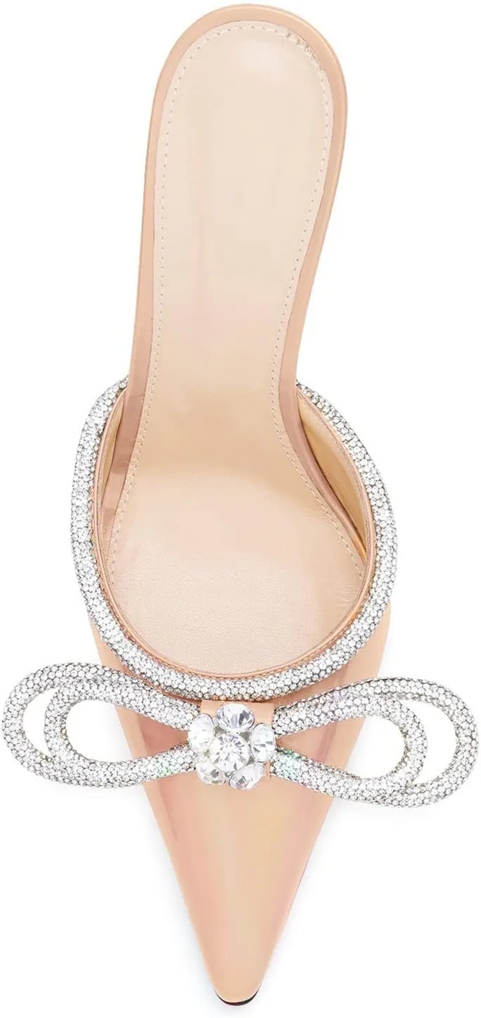 LauraVicci Women High Heeled Mules Rhinestone Embellished Crystal Double Bow Satin Sandals Pointy Toe Stiletto Shoes Summer Bridal Shoes
