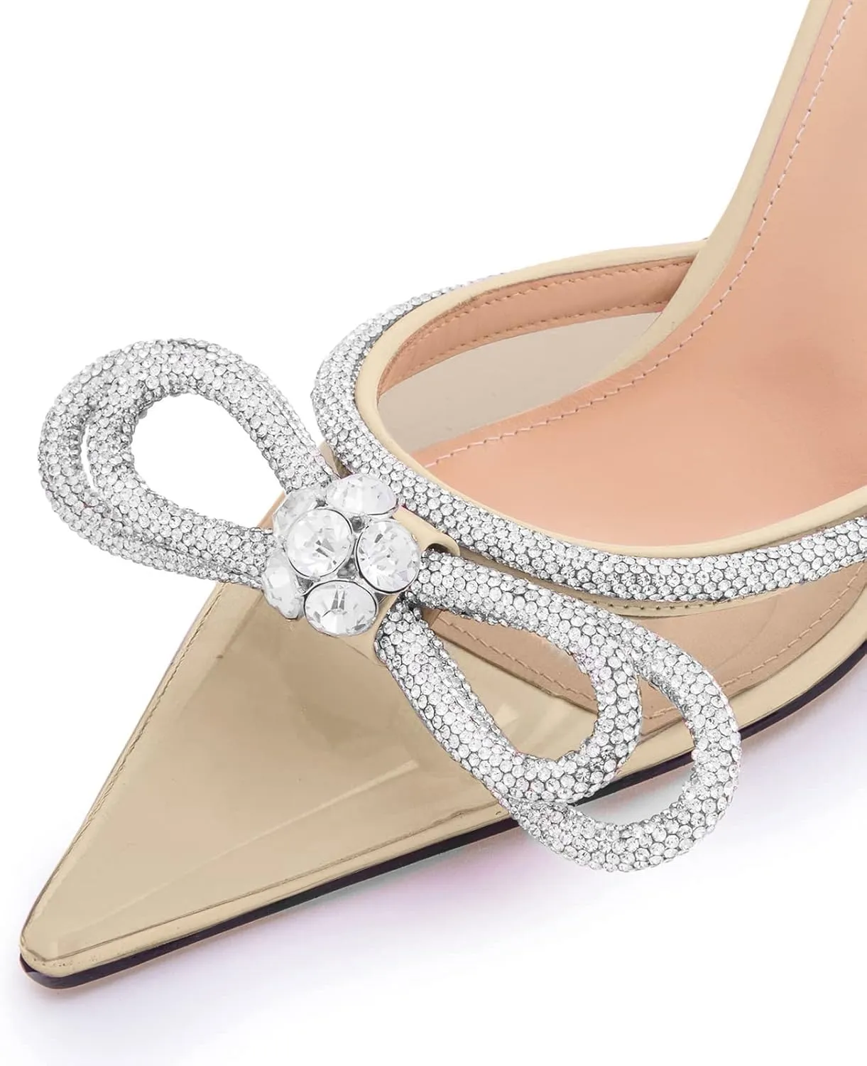 LauraVicci Women High Heeled Mules Rhinestone Embellished Crystal Double Bow Satin Sandals Pointy Toe Stiletto Shoes Summer Bridal Shoes