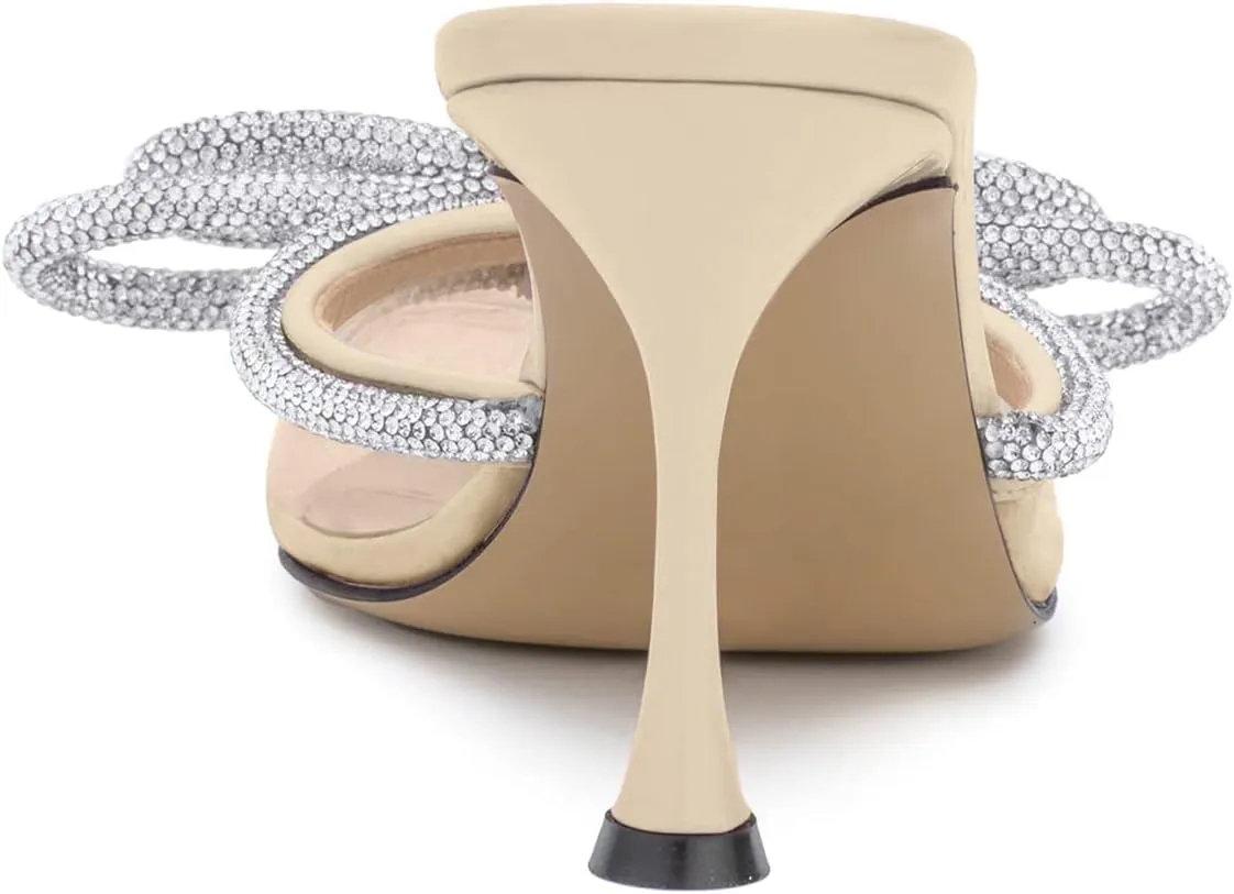 LauraVicci Women High Heeled Mules Rhinestone Embellished Crystal Double Bow Satin Sandals Pointy Toe Stiletto Shoes Summer Bridal Shoes