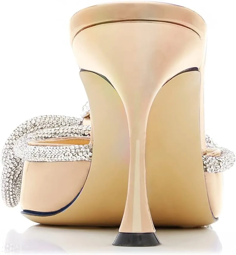 LauraVicci Women High Heeled Mules Rhinestone Embellished Crystal Double Bow Satin Sandals Pointy Toe Stiletto Shoes Summer Bridal Shoes