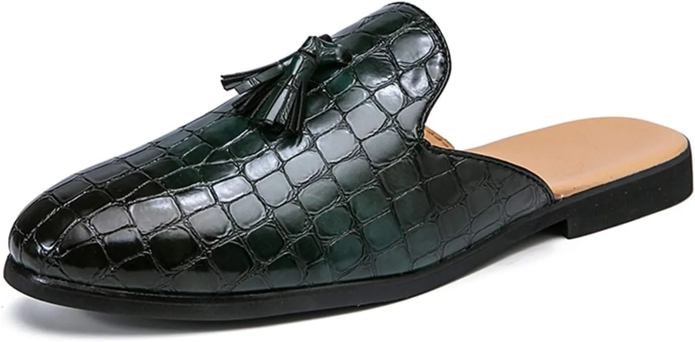 Leisure Loafer for Men Vegan Leather Crocodile Embossed Mule Shoes Round Toe Backless Sandals Slip on Tassel Stitching Slip Resistant Soft Slippers Solid Color Casual