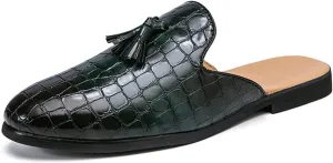 Leisure Loafer for Men Vegan Leather Crocodile Embossed Mule Shoes Round Toe Backless Sandals Slip on Tassel Stitching Slip Resistant Soft Slippers Solid Color Casual