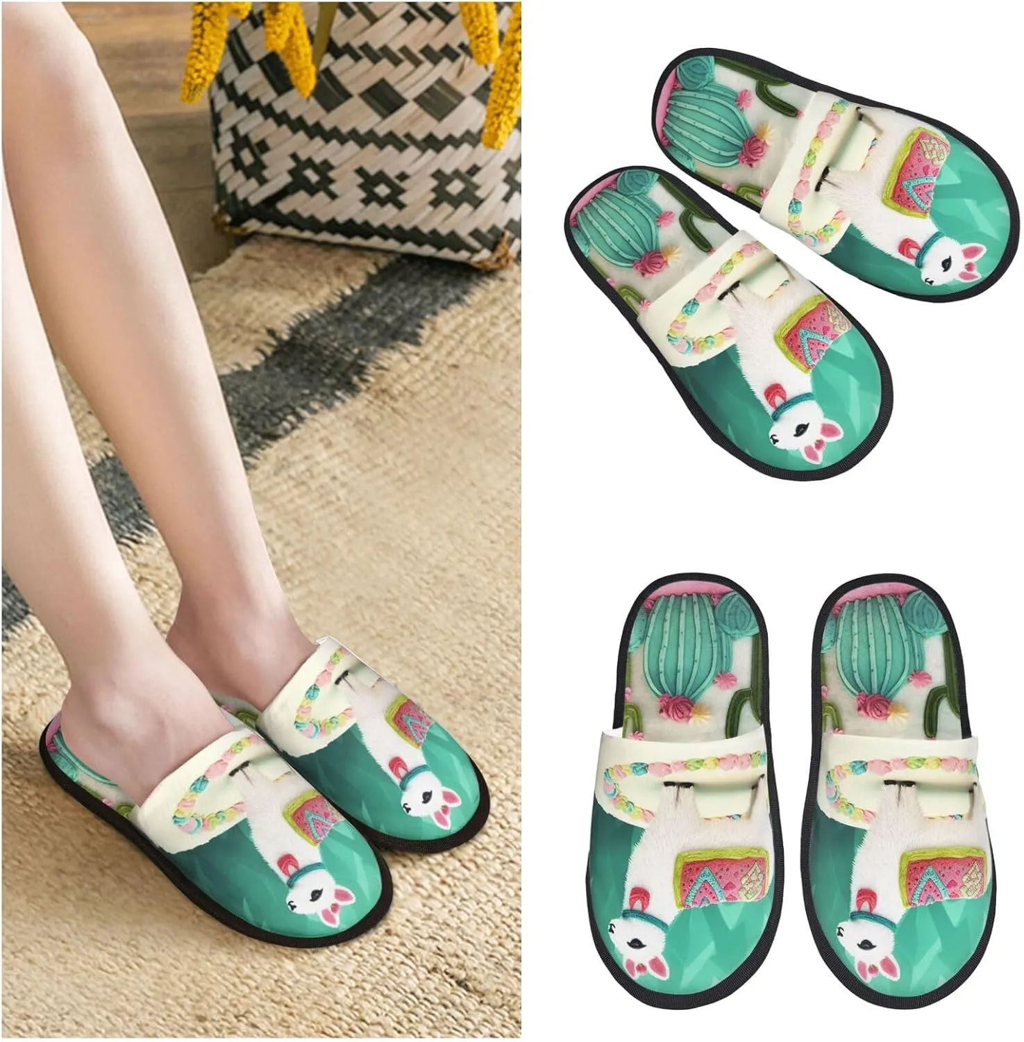 Llama Alpaca Cake Cactus Women's Fuzzy Slippers Slip-on Slipper Soft Comfy Bedroom Slippers Non-slip House Shoes