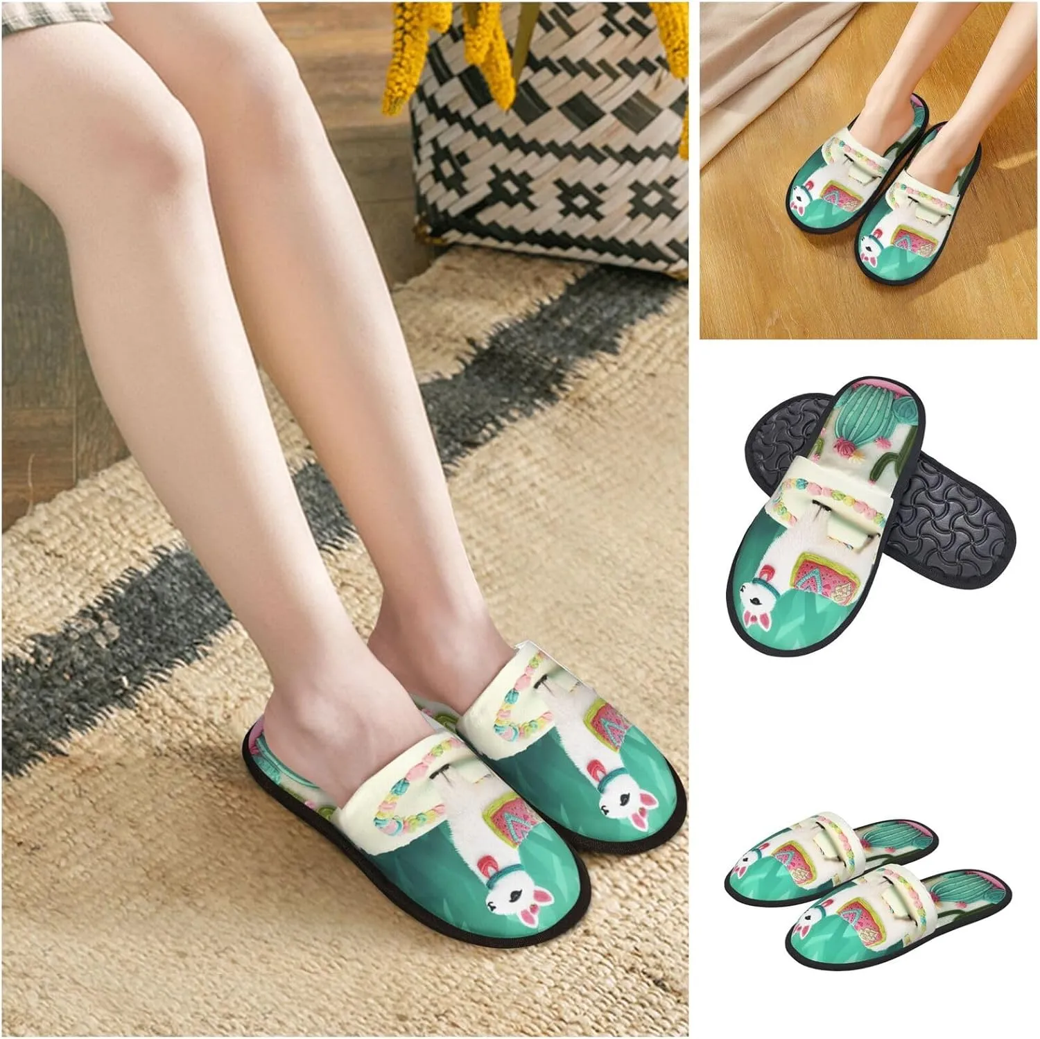 Llama Alpaca Cake Cactus Women's Fuzzy Slippers Slip-on Slipper Soft Comfy Bedroom Slippers Non-slip House Shoes