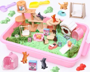 Lorfancy Cat Sandbox Toys Kids Play Sand Kit Toddler Sensory Bin Toy 2.2lbs Sand Pet Cat Figures Care Role Pretend Play Beach Toy Birthday Gift for Girls Boys 3 4 5 6 7 8 Years Old