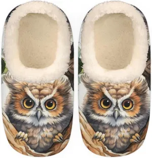 Lovely Owl Slippers for Women Men, Tree Leaves House Slippers Socks Warm Fuzzy Memory Foam Indoor Slippers Lightweight Cozy Anti-Skid Closed Back Home Shoes, Medium