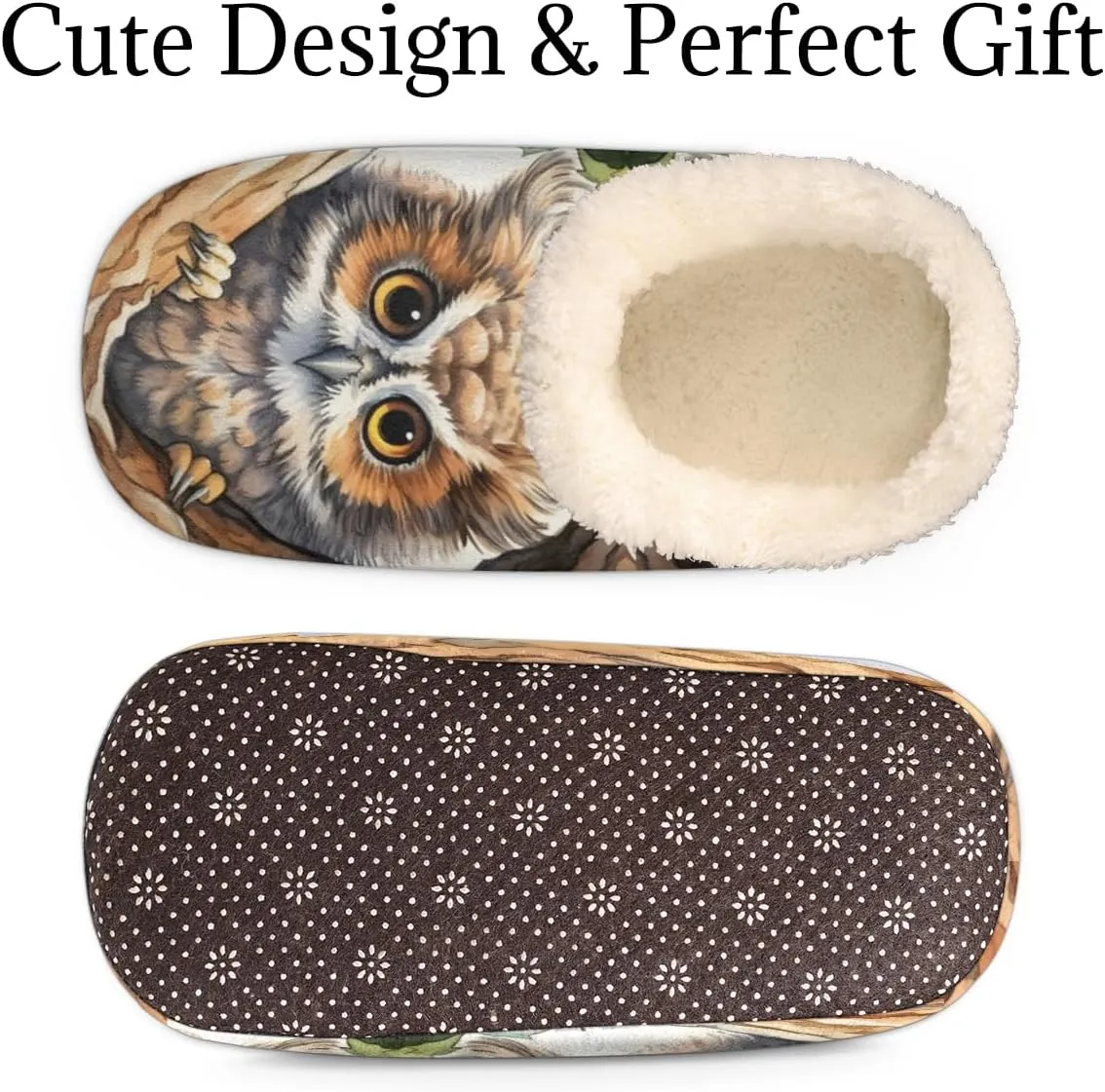 Lovely Owl Slippers for Women Men, Tree Leaves House Slippers Socks Warm Fuzzy Memory Foam Indoor Slippers Lightweight Cozy Anti-Skid Closed Back Home Shoes, Medium