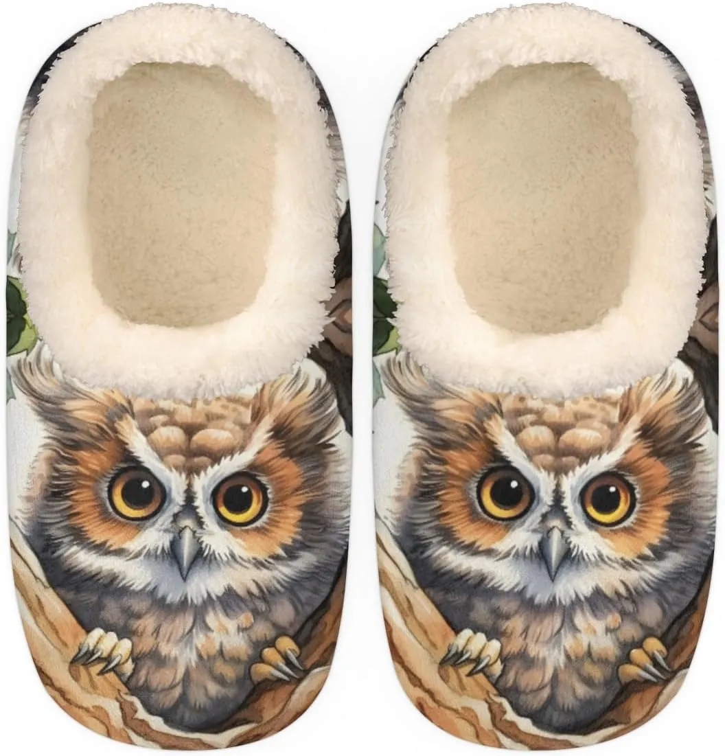Lovely Owl Slippers for Women Men, Tree Leaves House Slippers Socks Warm Fuzzy Memory Foam Indoor Slippers Lightweight Cozy Anti-Skid Closed Back Home Shoes, Medium