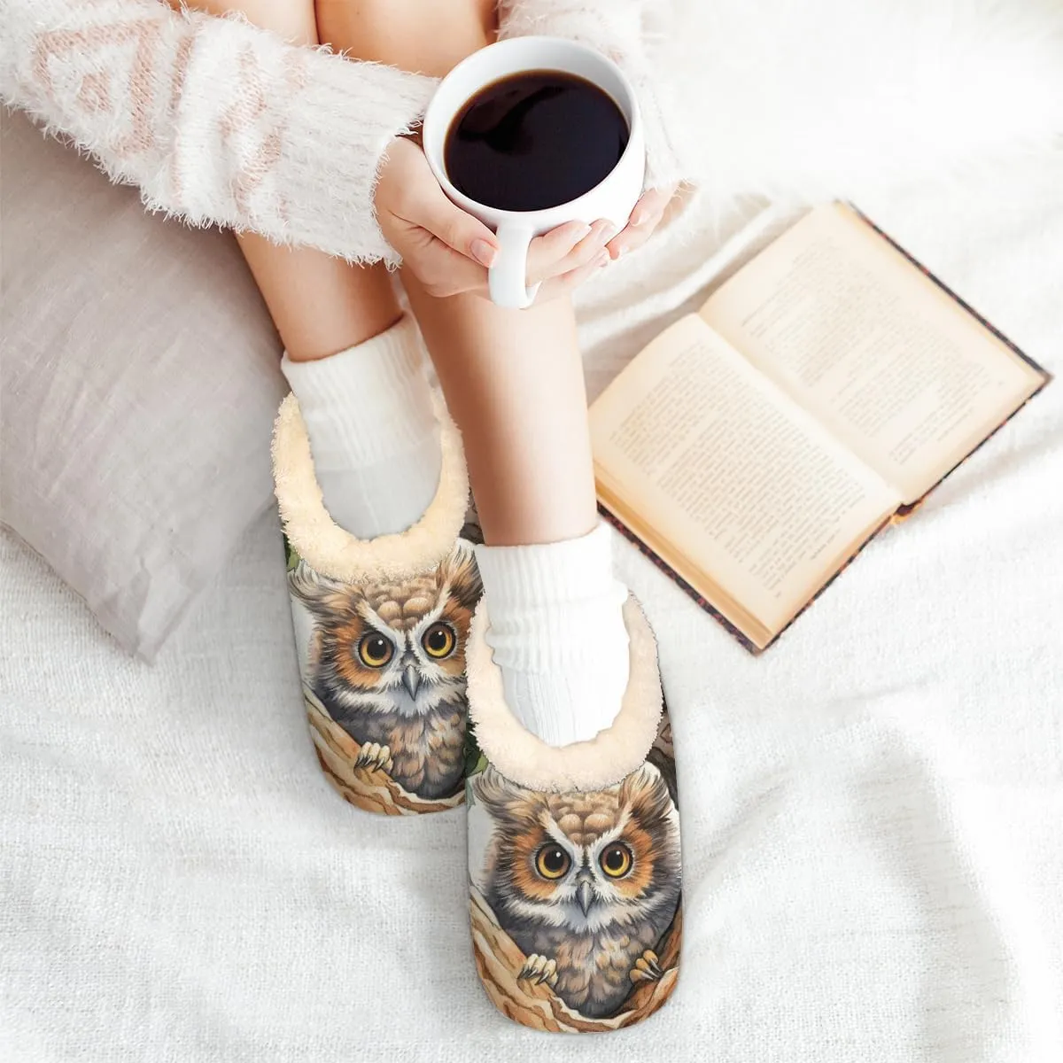 Lovely Owl Slippers for Women Men, Tree Leaves House Slippers Socks Warm Fuzzy Memory Foam Indoor Slippers Lightweight Cozy Anti-Skid Closed Back Home Shoes, Medium