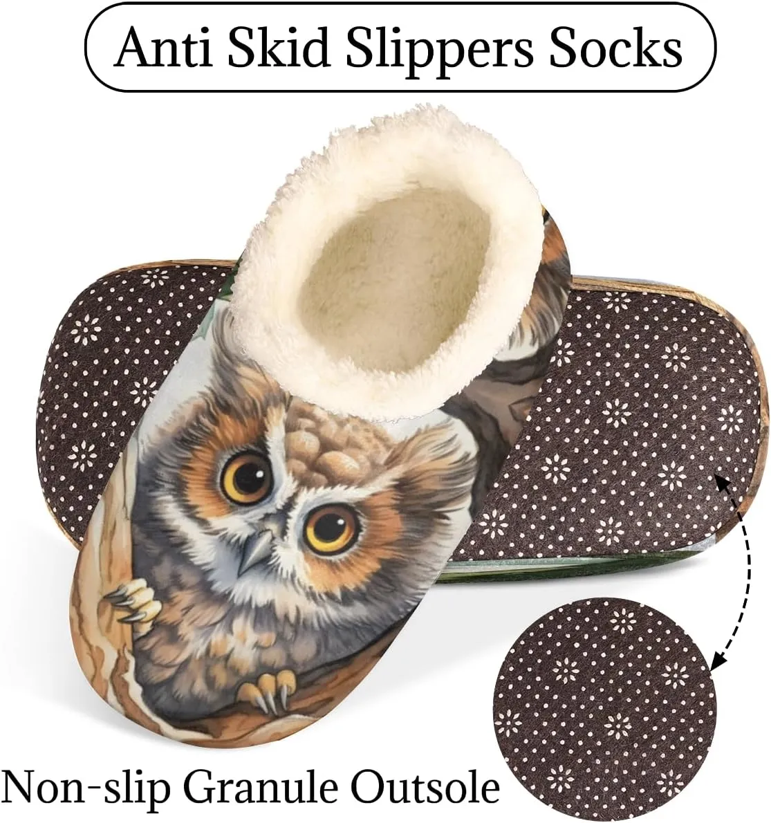 Lovely Owl Slippers for Women Men, Tree Leaves House Slippers Socks Warm Fuzzy Memory Foam Indoor Slippers Lightweight Cozy Anti-Skid Closed Back Home Shoes, Medium