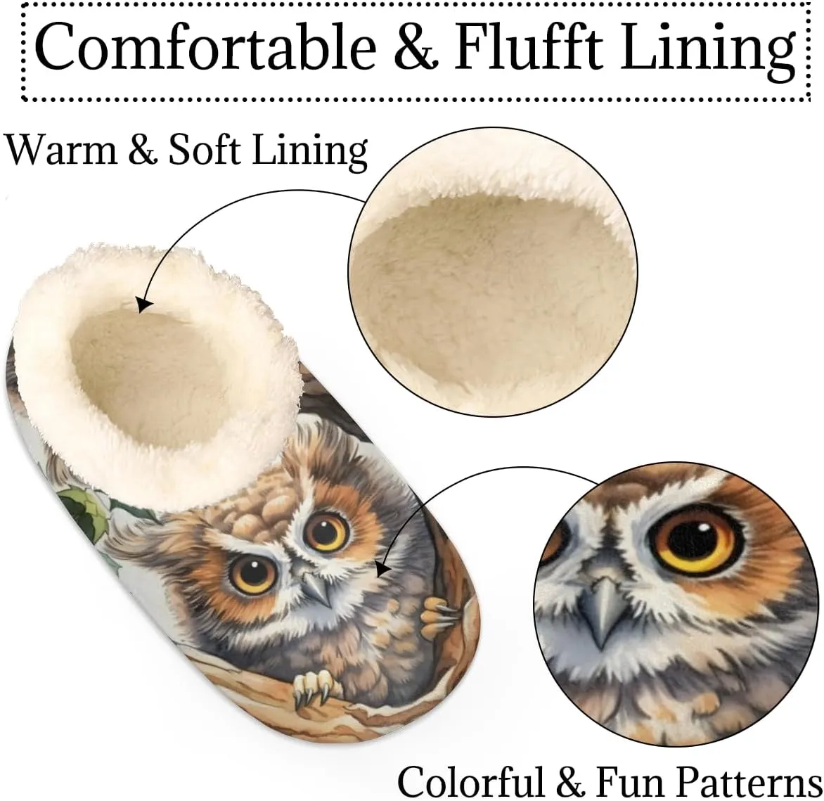 Lovely Owl Slippers for Women Men, Tree Leaves House Slippers Socks Warm Fuzzy Memory Foam Indoor Slippers Lightweight Cozy Anti-Skid Closed Back Home Shoes, Medium