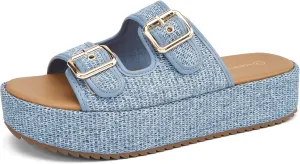 LUCKY STEP Women's Platform Slide Sandals Braided Adjustable Strap Flat Open Toe Summer Casual Shoes Beach Outdoor Wedge Woven Slipper
