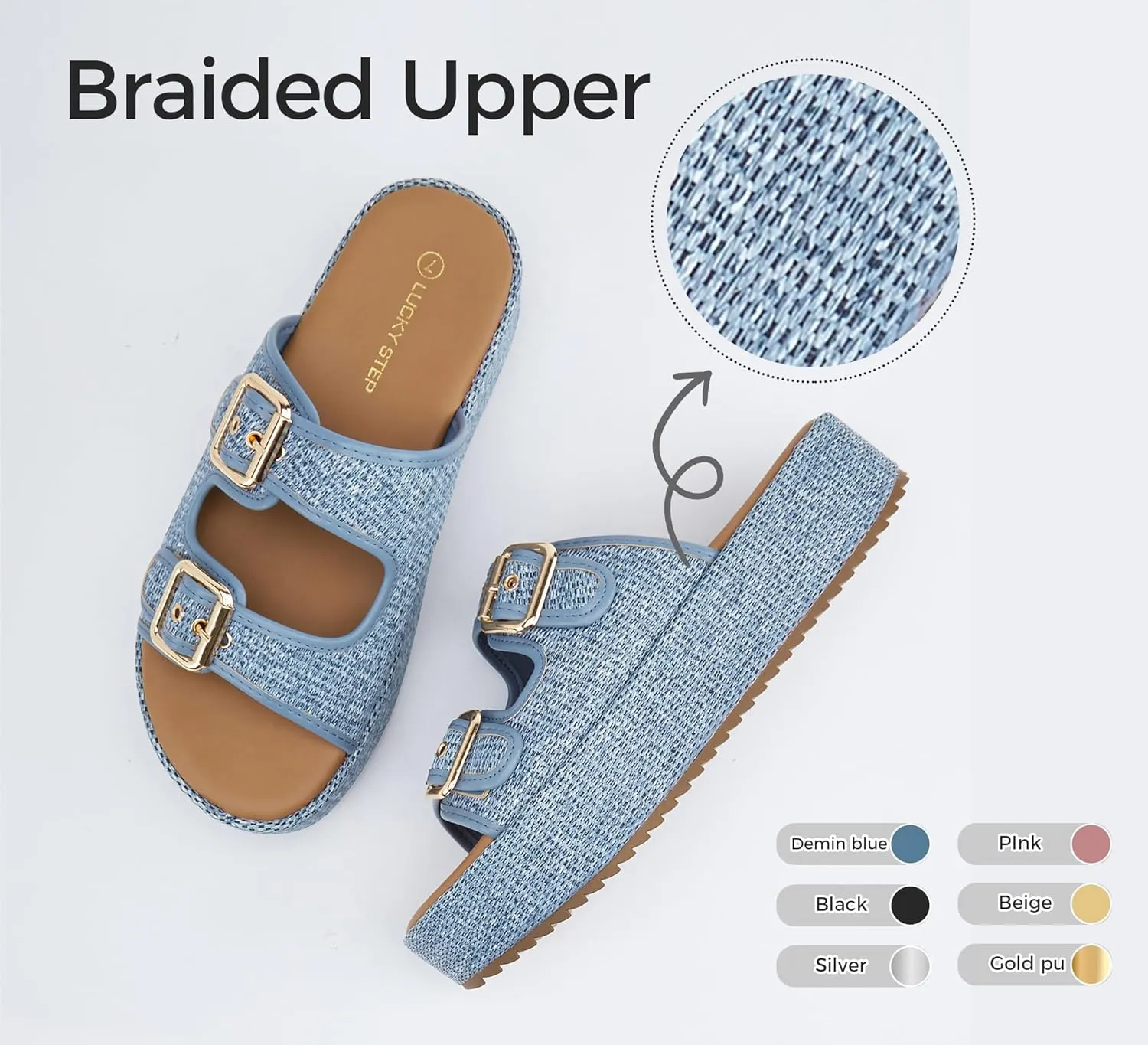 LUCKY STEP Women's Platform Slide Sandals Braided Adjustable Strap Flat Open Toe Summer Casual Shoes Beach Outdoor Wedge Woven Slipper