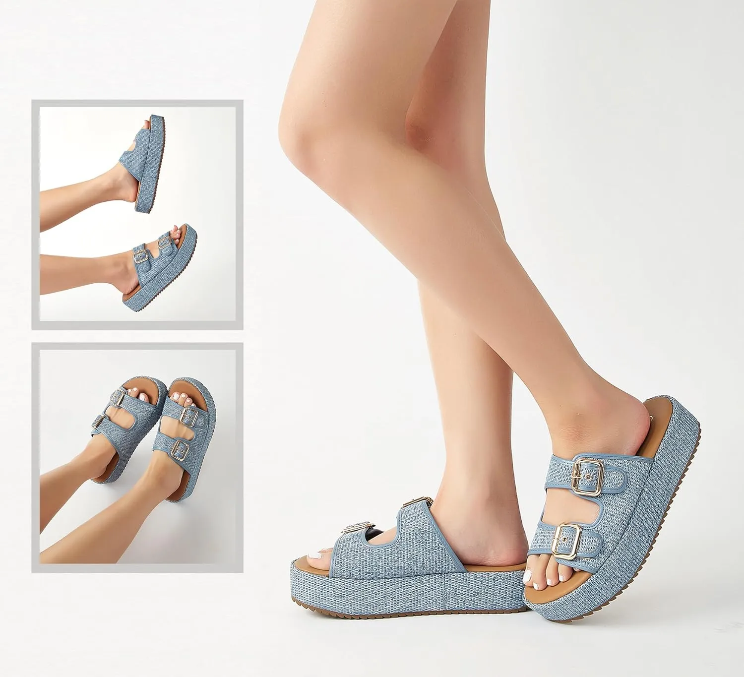 LUCKY STEP Women's Platform Slide Sandals Braided Adjustable Strap Flat Open Toe Summer Casual Shoes Beach Outdoor Wedge Woven Slipper