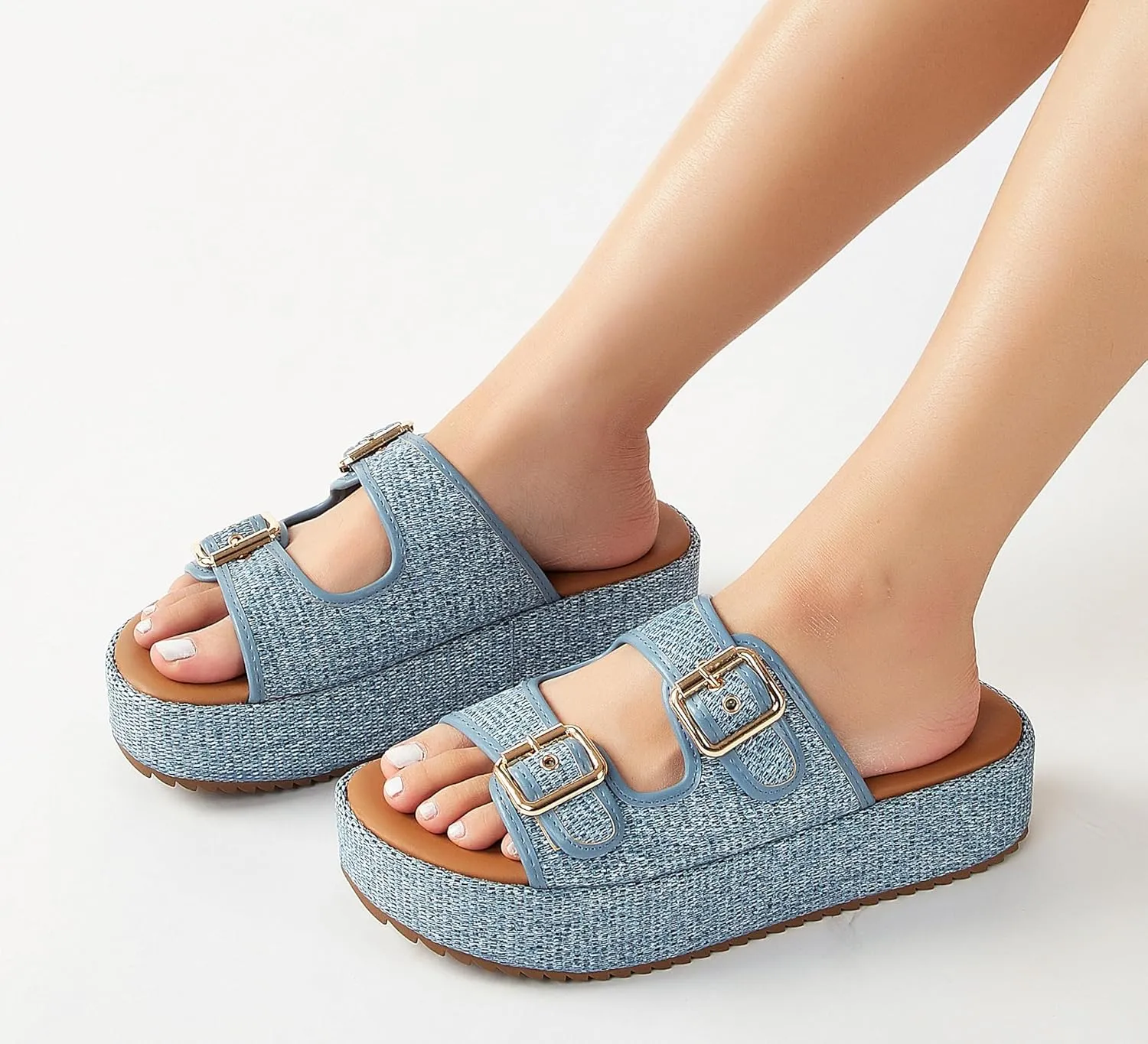 LUCKY STEP Women's Platform Slide Sandals Braided Adjustable Strap Flat Open Toe Summer Casual Shoes Beach Outdoor Wedge Woven Slipper