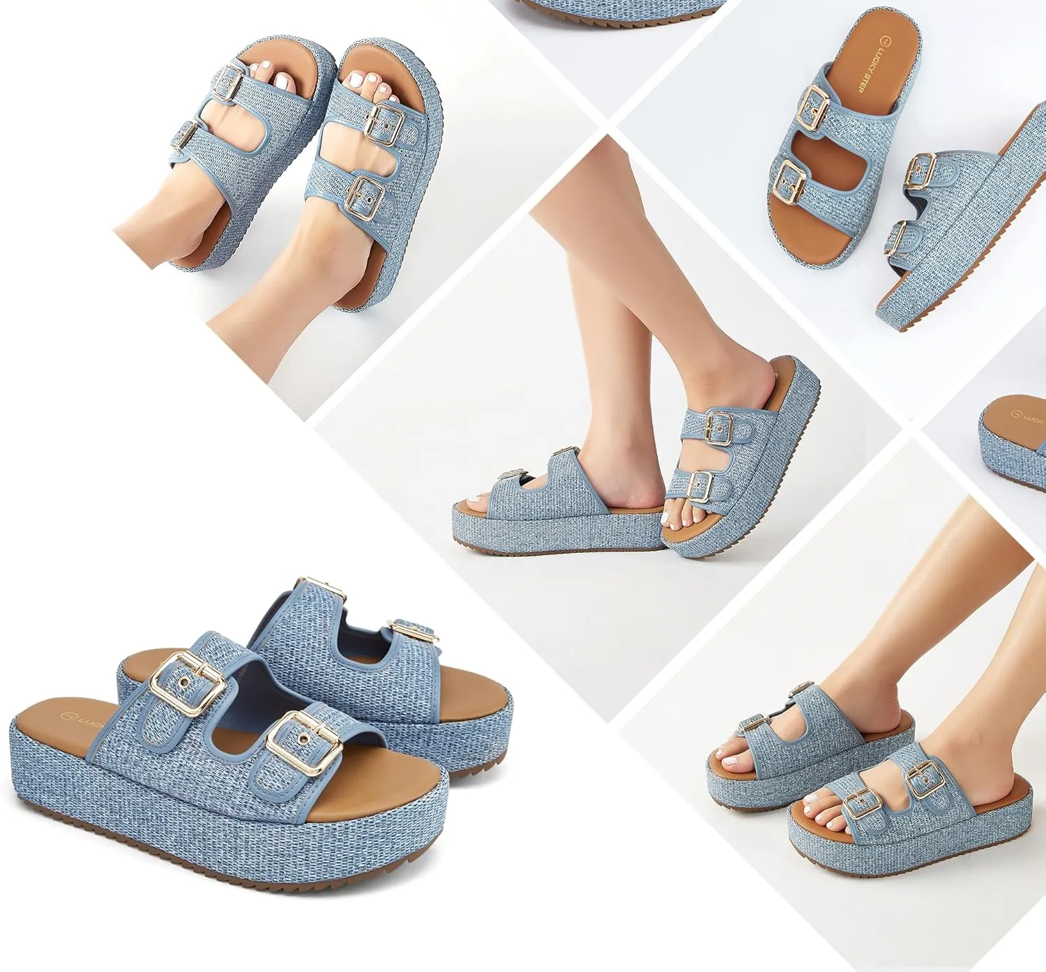 LUCKY STEP Women's Platform Slide Sandals Braided Adjustable Strap Flat Open Toe Summer Casual Shoes Beach Outdoor Wedge Woven Slipper