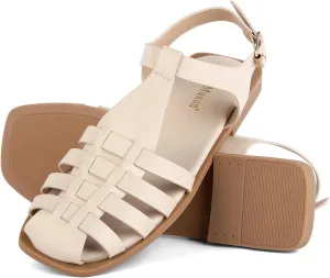 MaxMuxun Women's Closed Toe Flat Sandals Comfortable Ankle Strap Cut Out Cage Summer Roman Shoes