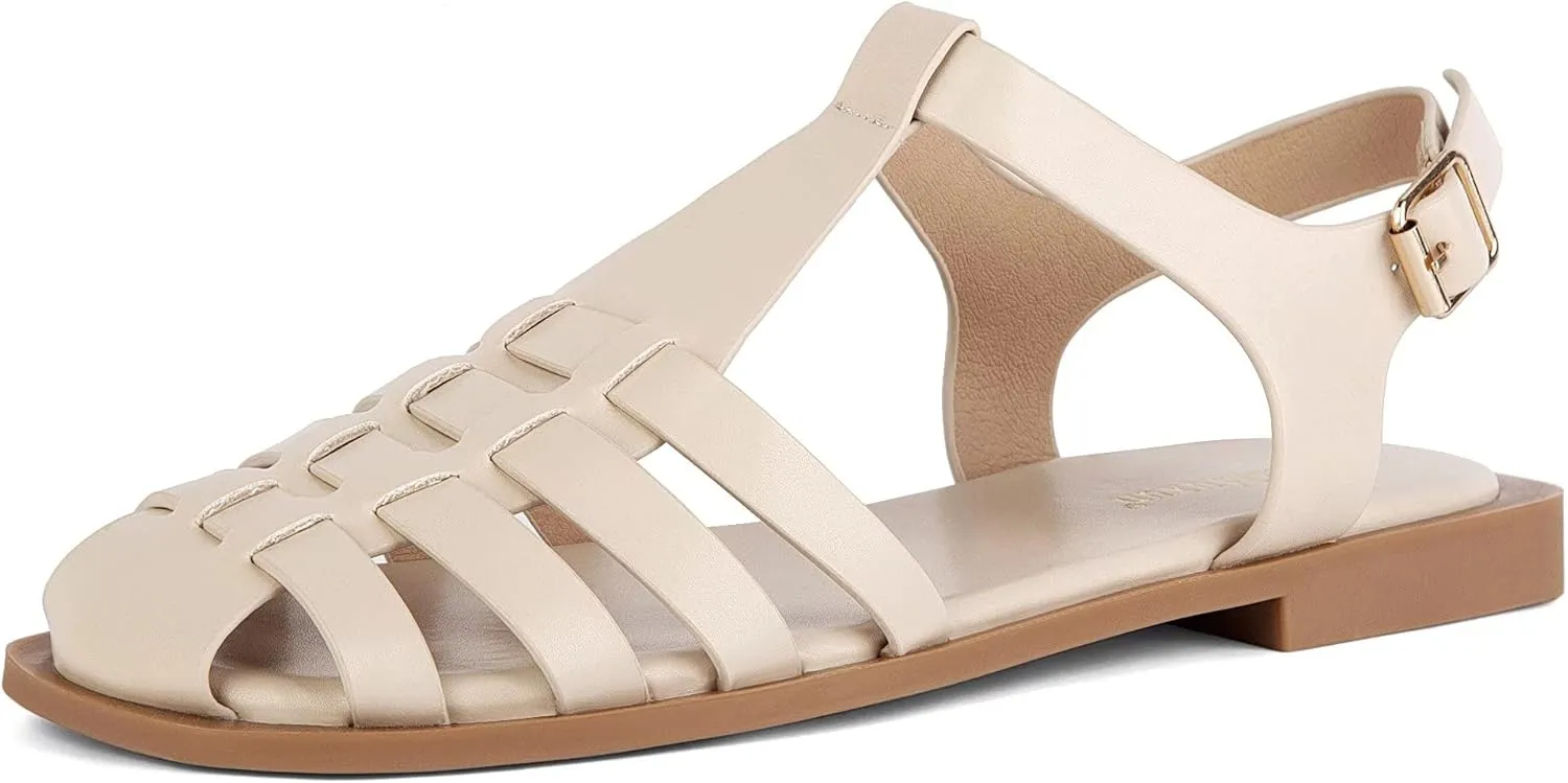 MaxMuxun Women's Closed Toe Flat Sandals Comfortable Ankle Strap Cut Out Cage Summer Roman Shoes