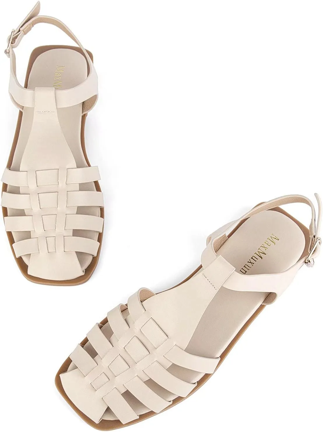 MaxMuxun Women's Closed Toe Flat Sandals Comfortable Ankle Strap Cut Out Cage Summer Roman Shoes