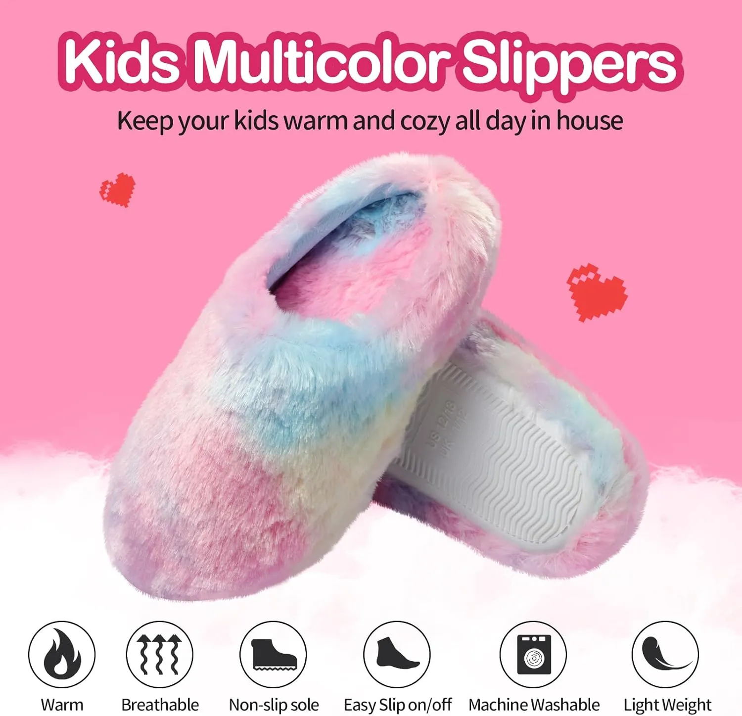 MEJORMEN Girls Fluffy House Slippers Cozy Plush Slip-on House Shoes Kids Warm Bedroom Slippers Memory Foam Slippers for Indoor Outdoor