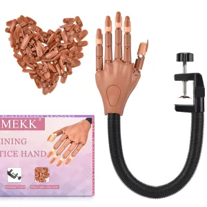 MEKK Nail Practice Hand - Flexible Manicure Trainer for Acrylic Nails with 100pcs Brown Replacement Nail Tips for Beginners