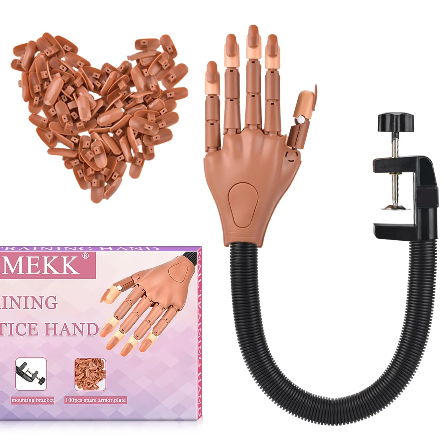 MEKK Nail Practice Hand - Flexible Manicure Trainer for Acrylic Nails with 100pcs Brown Replacement Nail Tips for Beginners