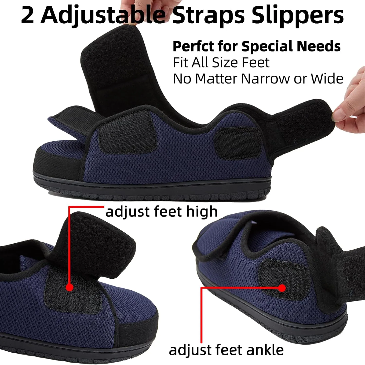 Men Adjustable Velcro Slippers Breathable Adjust Closure Diabetic Walking Shoes for Men Extra Wide Width for Swollen Feet All Season Wear Black DarkBlue US8-US13
