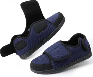 Men Adjustable Velcro Slippers Breathable Adjust Closure Diabetic Walking Shoes for Men Extra Wide Width for Swollen Feet All Season Wear Black DarkBlue US8-US13