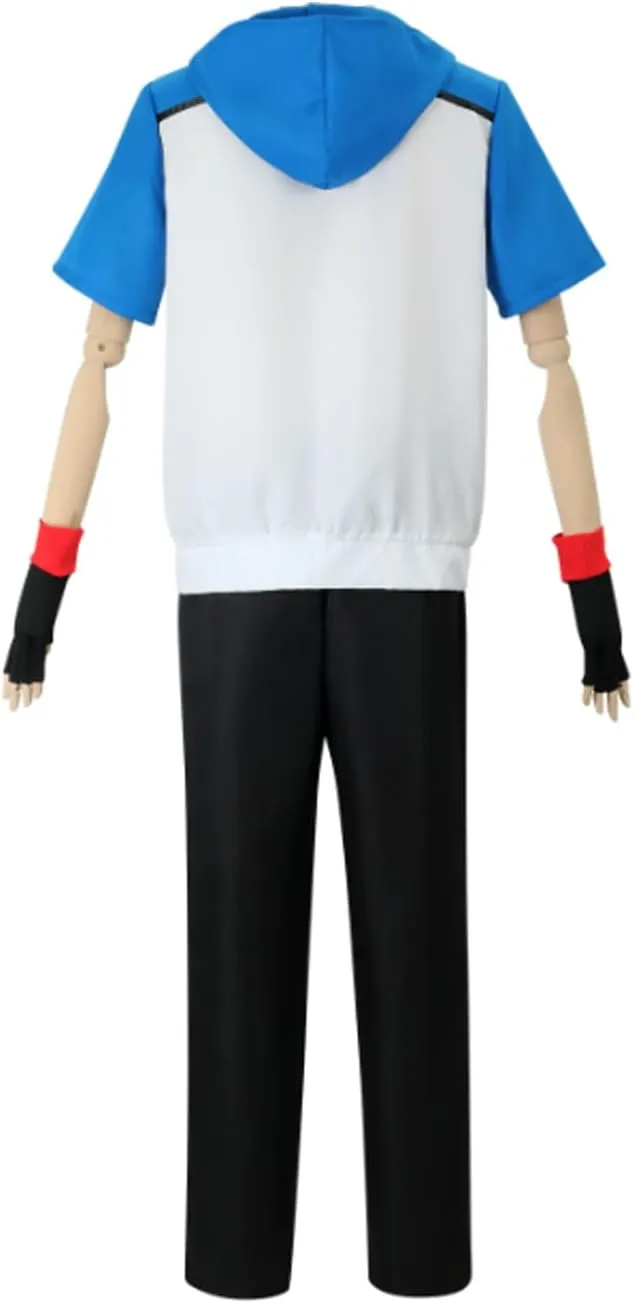 Men Women Ash Ketchum Blue Hoodie Cosplay Shirt Pants Gloves Hat Sets for Trainer Halloween Outfit