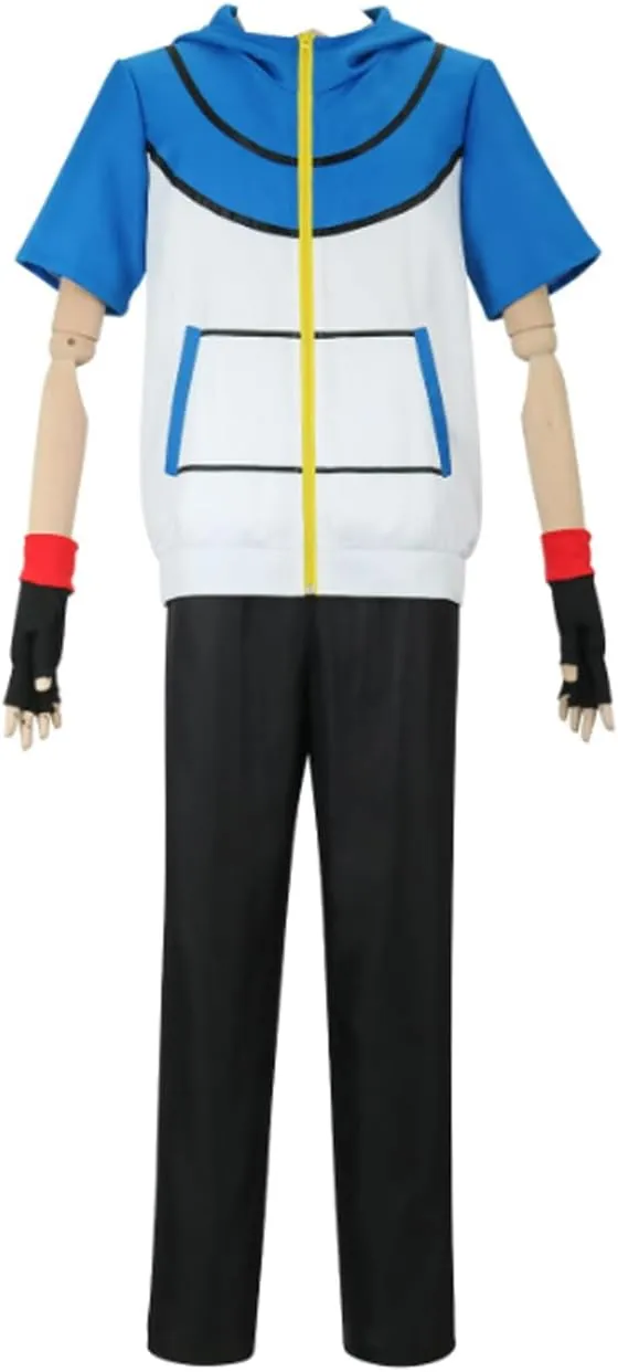 Men Women Ash Ketchum Blue Hoodie Cosplay Shirt Pants Gloves Hat Sets for Trainer Halloween Outfit
