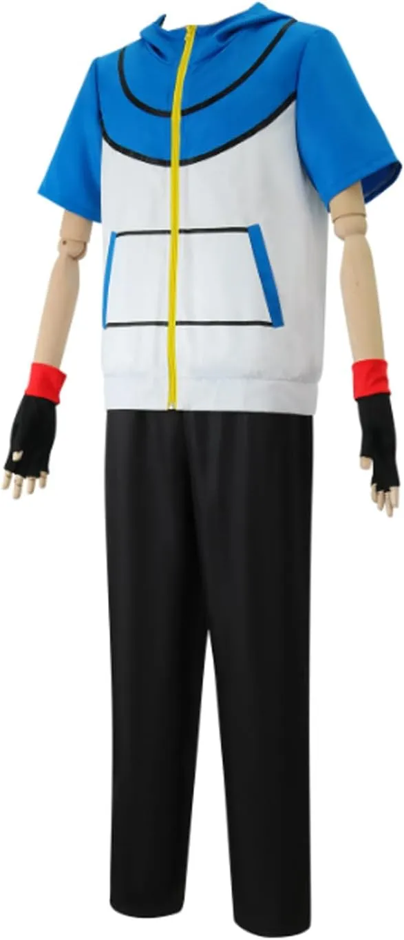 Men Women Ash Ketchum Blue Hoodie Cosplay Shirt Pants Gloves Hat Sets for Trainer Halloween Outfit