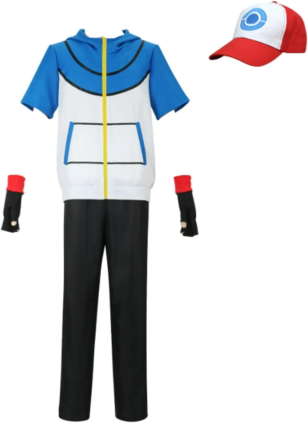Men Women Ash Ketchum Blue Hoodie Cosplay Shirt Pants Gloves Hat Sets for Trainer Halloween Outfit