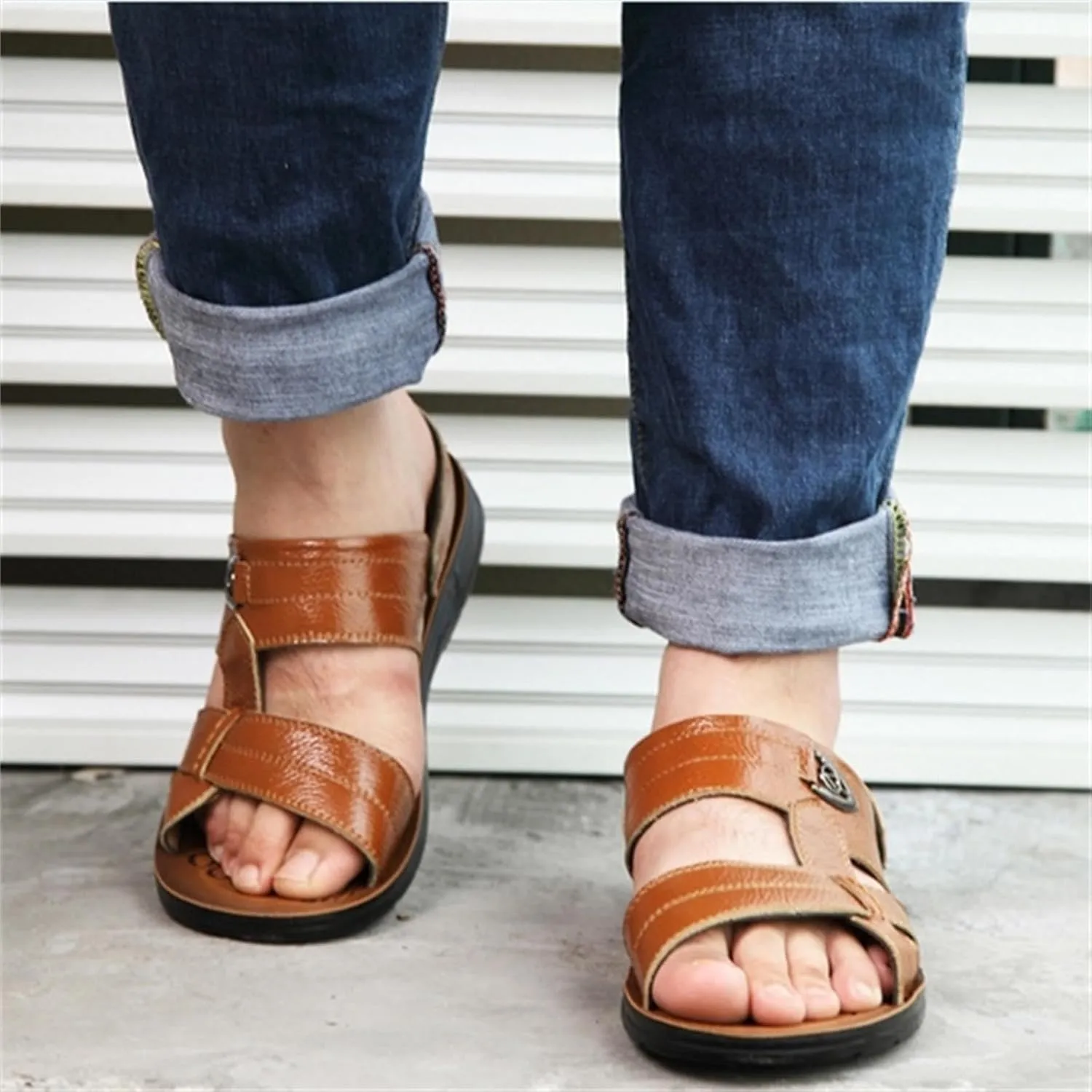 Men's Big Size Leather Flat Sandbeach Sandals Casual Slipper Shoes