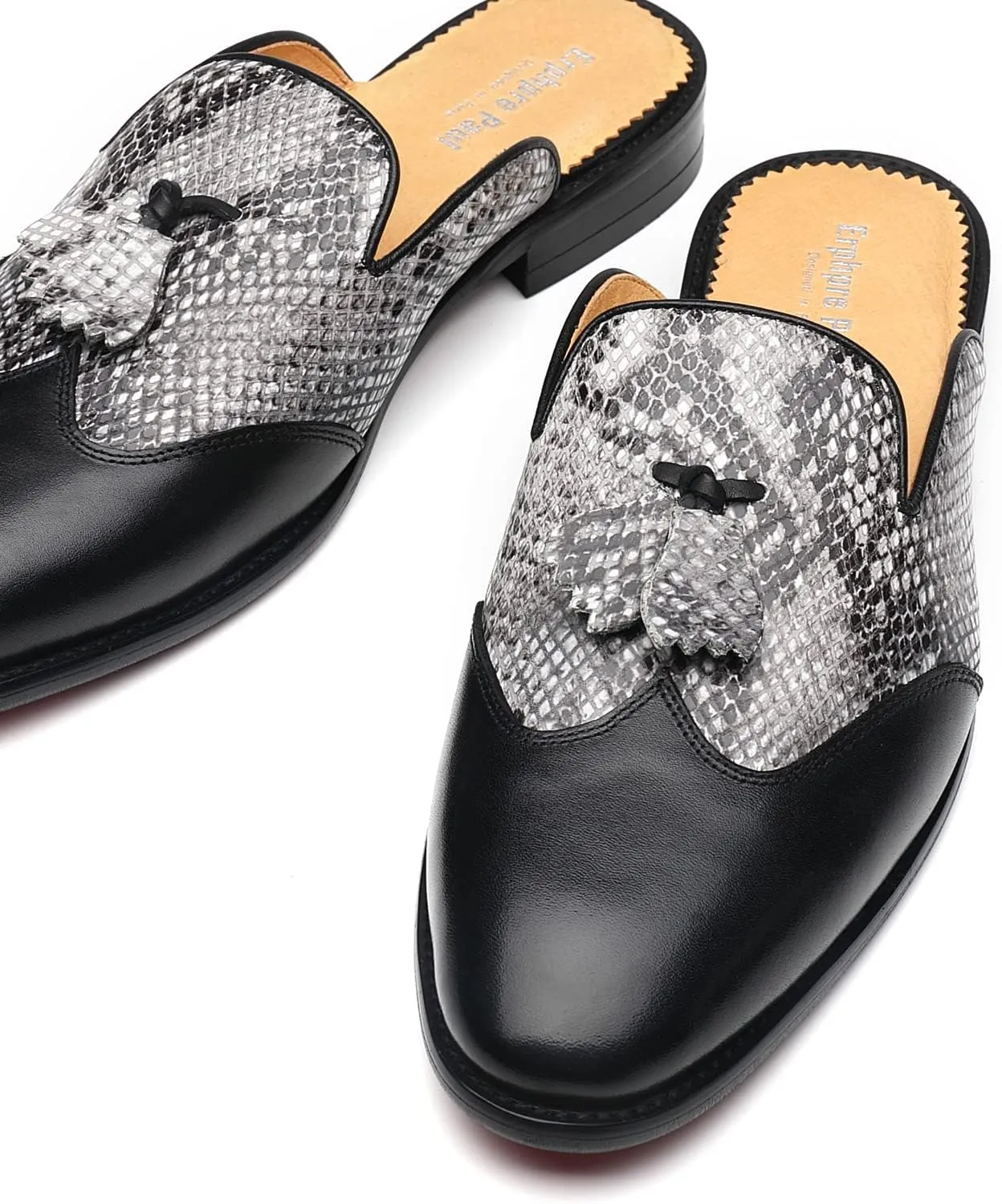 Mens Black Backless Loafers Genuine Leather Mules Shoes