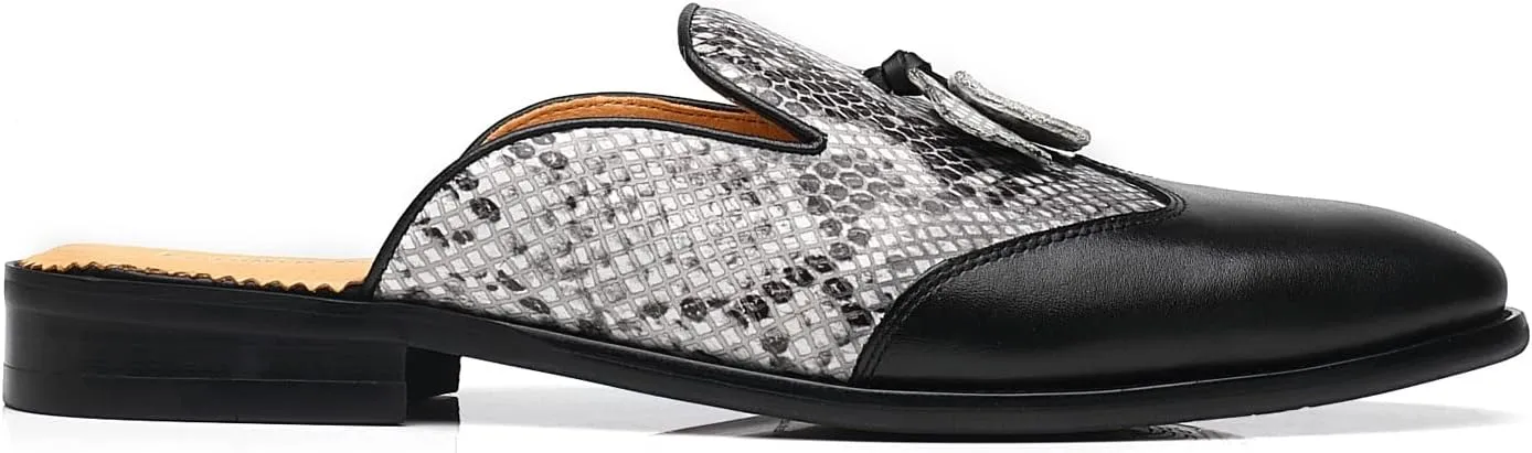Mens Black Backless Loafers Genuine Leather Mules Shoes