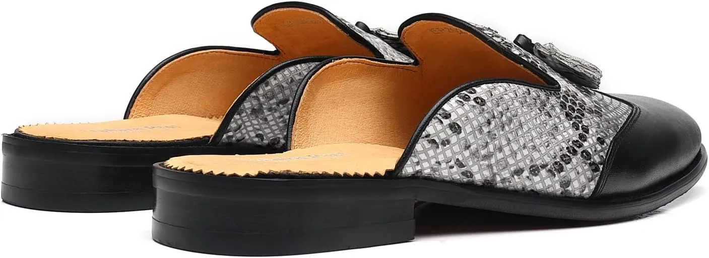 Mens Black Backless Loafers Genuine Leather Mules Shoes