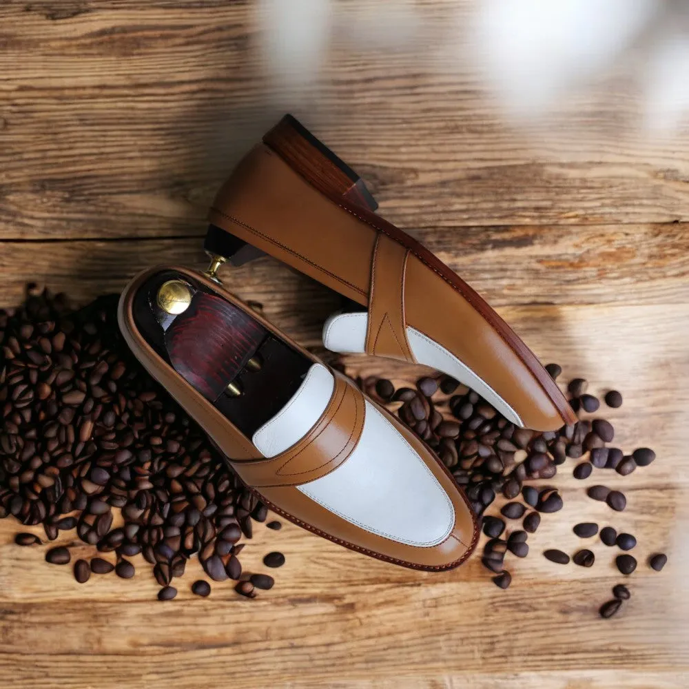 Men's Brown & White Penny Loafers | Handmade Round Toe Slip-On Moccasins