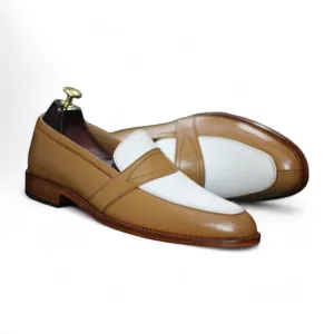 Men's Brown & White Penny Loafers | Handmade Round Toe Slip-On Moccasins